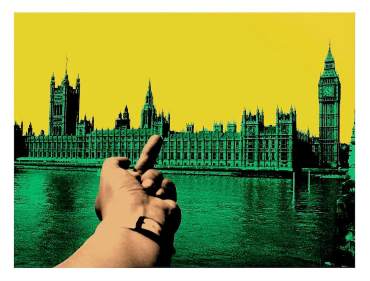 A yellow print by Ai weiwei holding his middle finger up to the houses of parliament in the UK