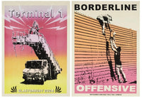Banksy, Borderline Offensive & Terminal Set Glastonbury, 2024
2 x Offset lithograph Prints
50 x 70 cm (19.7 x 27.6 in)
printed by La Linterna, Columbia,
in collaboration with with Press UK for Terminal 1, Glastonbury. Set of two prints by Banksy From Glastonbury one is yellow to pink the pther is orange to pink