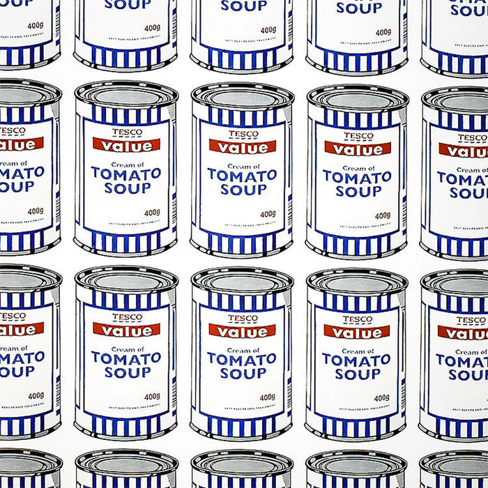 a zoomed in image of an artwork by banksy titled 'soup cans'. the artwork features a repeated image of a tesco value tomato soup tin, which is repeated 25 times on the print in a grid layout. the cans are in a simplified, pop art screenprint style, in order to reference andy warhol. this is a banksy poster, Banksy Soup Cans Poster