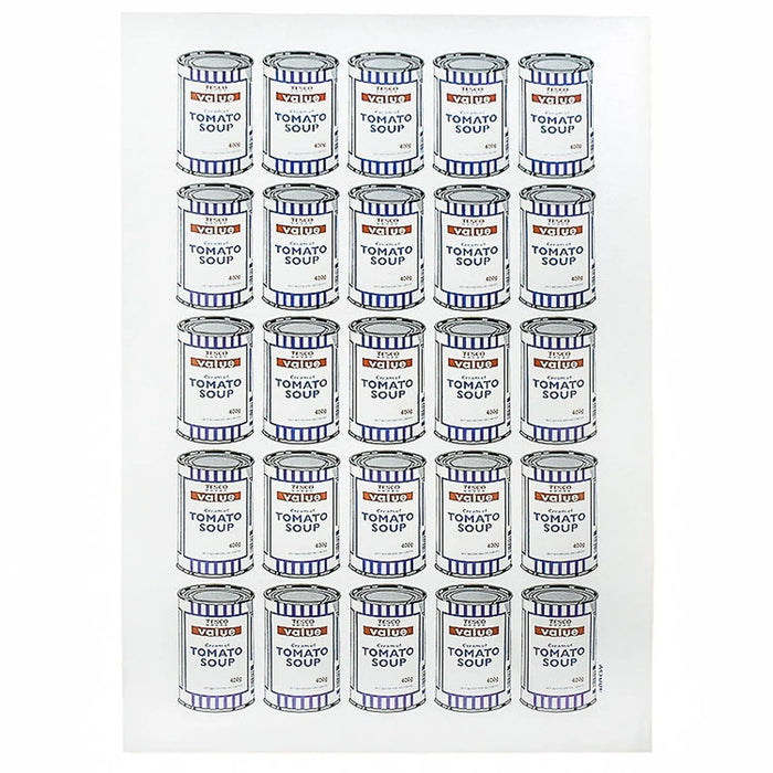 an image of an artwork by banksy titled 'soup cans'. the artwork features a repeated image of a tesco value tomato soup tin, which is repeated 25 times on the print in a grid layout. the cans are in a simplified, pop art screenprint style, in order to reference andy warhol. this is a banksy poster, Banksy Soup Cans Poster