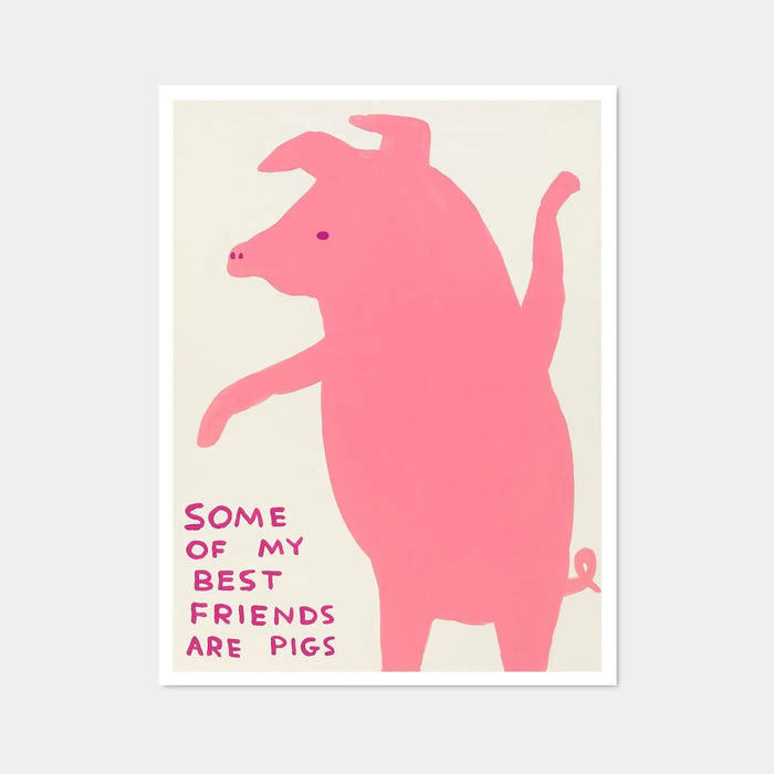 David Shrigley print featuring a pig standing up over handwritten text stating 'some of my best friends are pigs'.