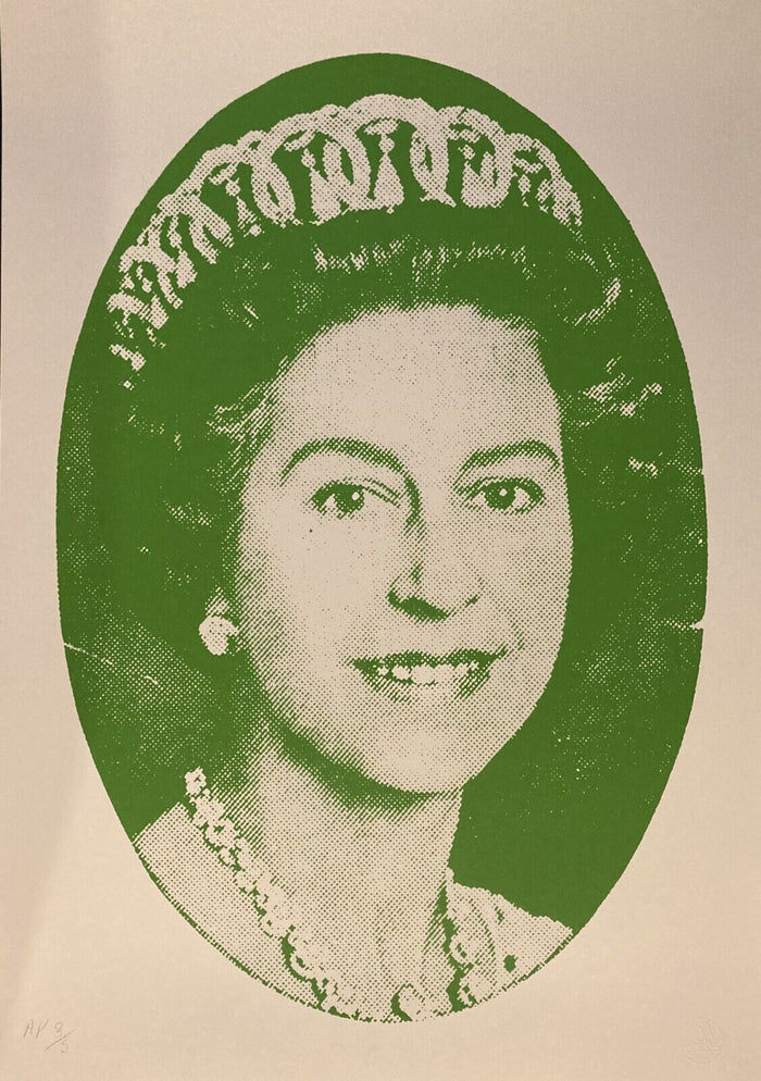 Jamie Reid, God Save The Queen (Green), 1997 limited edition punk prints for sale from Smolensky Gallery with Jamie Reid Signed