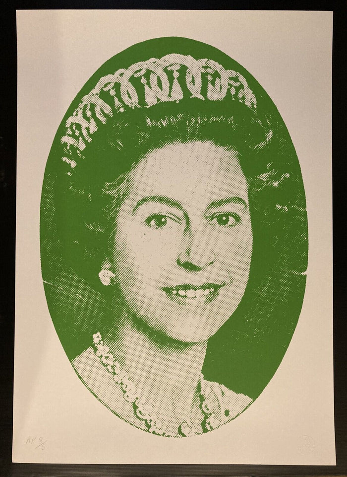 Jamie reid artist proof god save the queen artwork in Green. the artwork features an image of queen elizabeth, and is known for its relation to the sex pistols promotional material