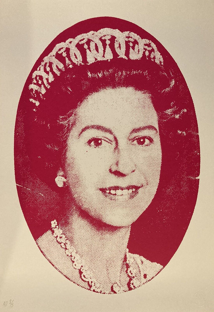 Jamie reid artist proof god save the queen artwork in red. the artwork features an image of queen elizabeth, and is known for its relation to the sex pistols promotional material