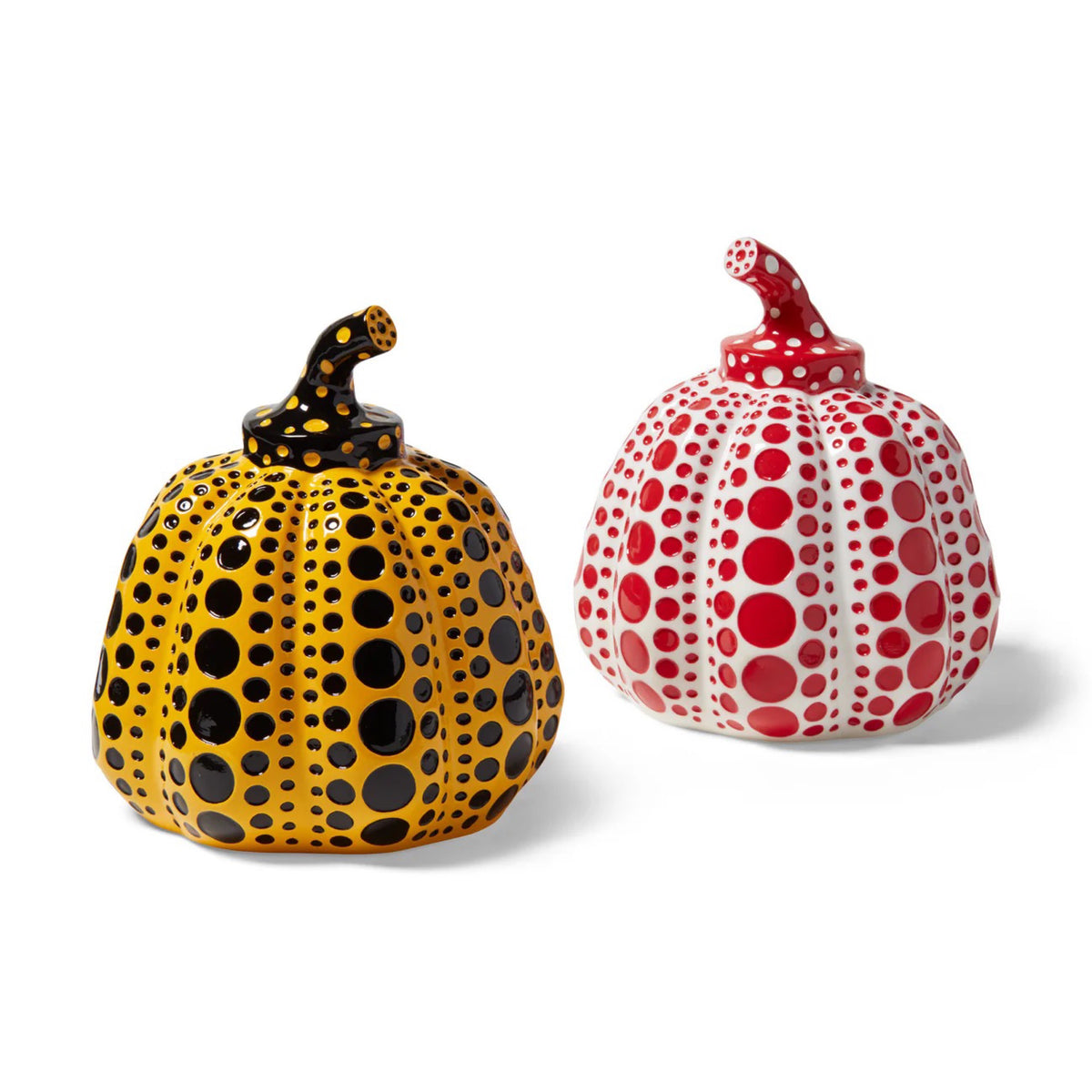 Yayoi Kusama, Pumpkin Set of 2 (White/Red) (Yellow/Black), 2015 by Yayoi Kusama, featuring her signature polka dots and hypnotic patterns. Presented by Smolensky Gallery, showcasing the visionary work of the iconic Japanese contemporary artist.