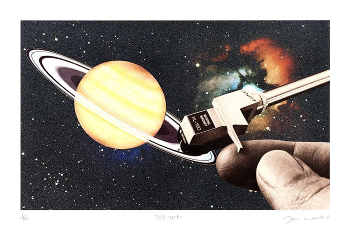 Joe Webb, DJ VIP, 2023 Surreal collage limited edition artwork by contemporary artist Joe Webb for sale, blending vintage imagery with cosmic and pop culture elements, represented by Smolensky Gallery