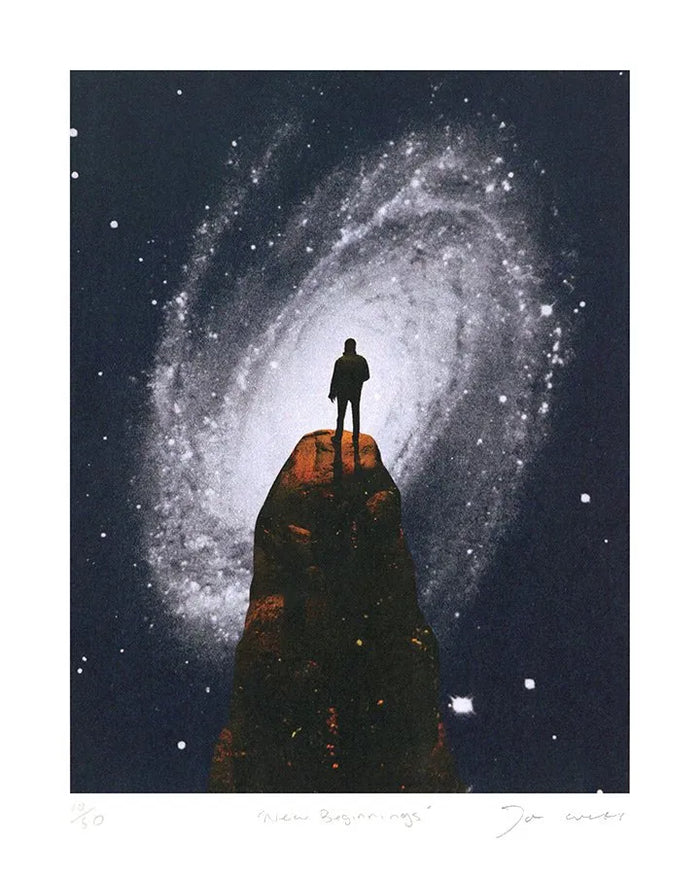 Joe Webb, New Beginnings, 2023 Surreal collage limited edition artwork by contemporary artist Joe Webb for sale, blending vintage imagery with cosmic and pop culture elements, represented by Smolensky Gallery