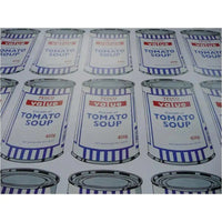 a zoomed in and angled image of an artwork by banksy titled 'soup cans'. the artwork features a repeated image of a tesco value tomato soup tin, which is repeated 25 times on the print in a grid layout. the cans are in a simplified, pop art screenprint style, in order to reference andy warhol. this is a banksy poster, Banksy Soup Cans Poster