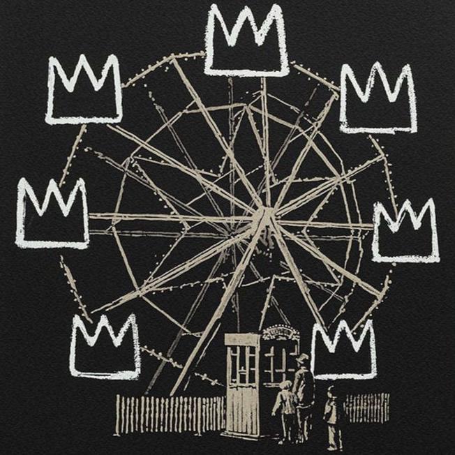 Image of an artwork by Banksy titled Banksyquiat, inspired by Basquiat but with Banksy's signature Street art style. It features a large ferris wheel with hand-painted crowns replacing each seat on the wheel. The image is white on a black background