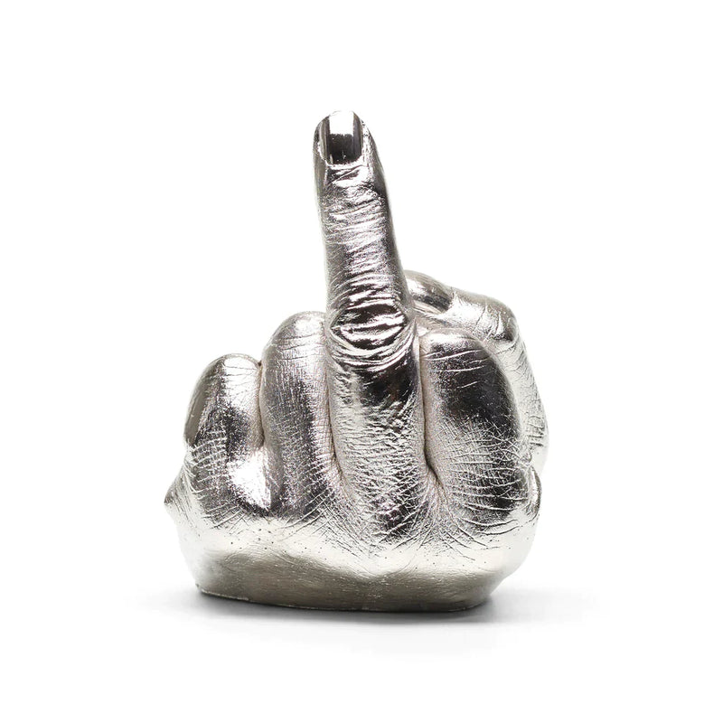 An artwork by Ai Weiwei. This is a sculpture piece featuring a silver hand putting its middle finger up at the viewer.