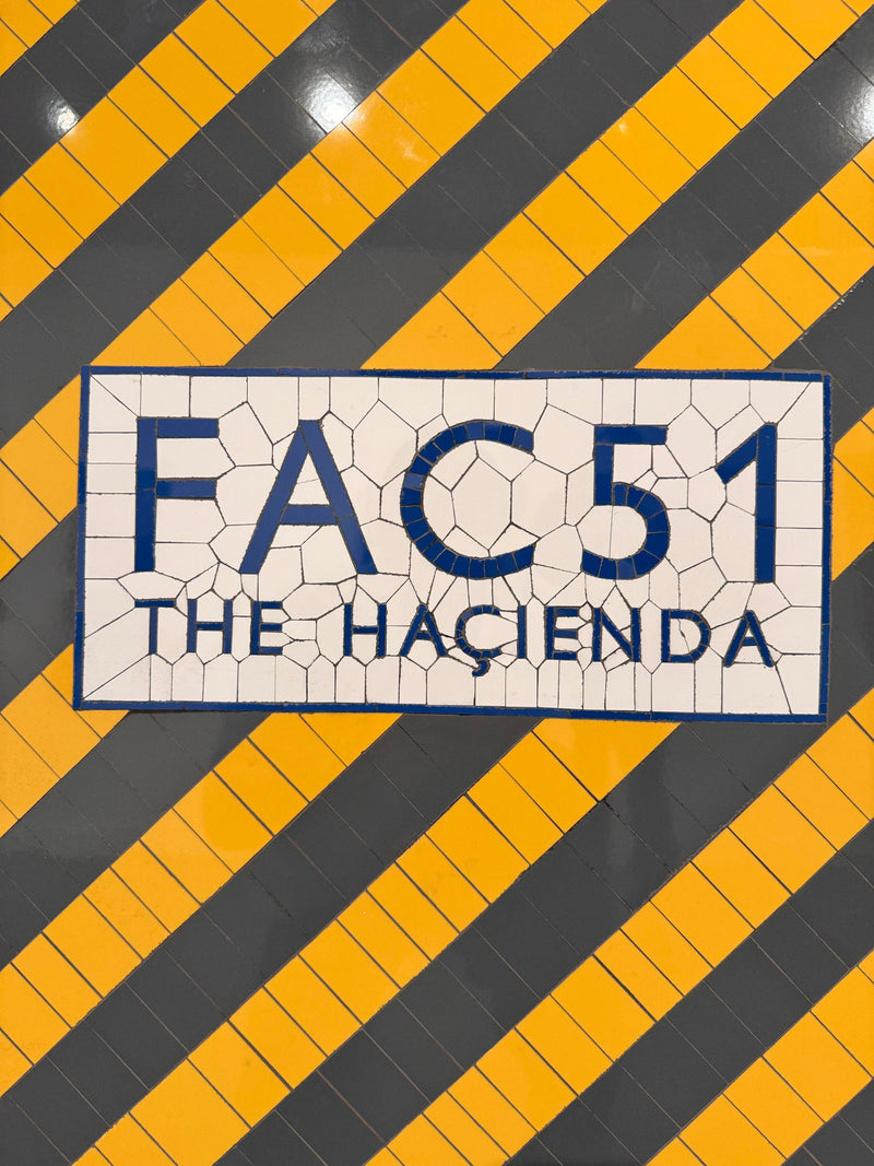 Rob Lally Mosaic Artist of Haceinda Membership card from the Haceinda. It's yellow and brow tiles with the Hacienda logo in the middle from the historic club in Manchester