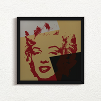 an image of an artwork by andy warhol titled 'golden marilyn 44' in black frame. the artwork features a stencilled print of the face of marilyn monroe, printed in red over a background of gold, black, and white. this is a sunday b morning print for sale.