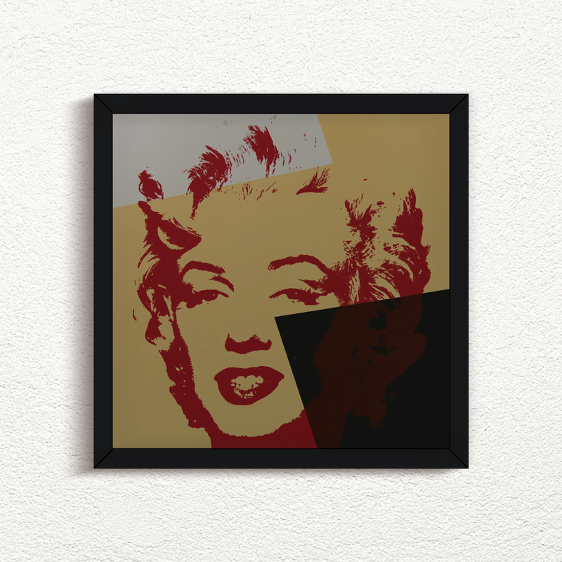 an image of an artwork by andy warhol titled 'golden marilyn 44' in black frame. the artwork features a stencilled print of the face of marilyn monroe, printed in red over a background of gold, black, and white. this is a sunday b morning print for sale.