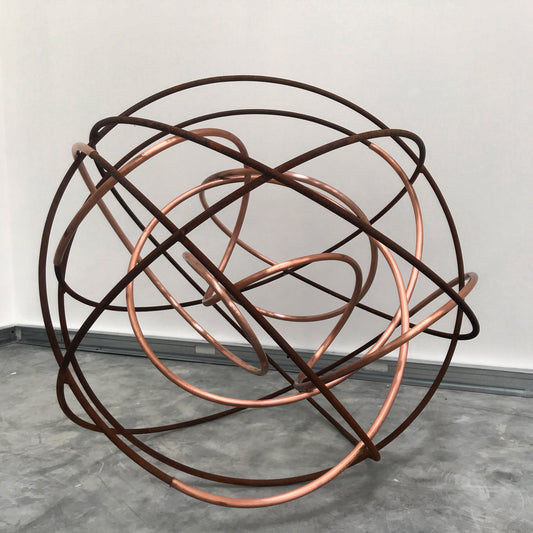 Elevate your space with Mark Beattie's Orbital XIV Sculpture, a dynamic fusion of polished copper and rusted steel. Standing at 90cm in height and measuring 90 x 90cm, this masterpiece explores the contrast between lustrous copper and weathered steel. Discover industrial elegance with this captivating sculpture, showcasing craftsmanship and unique materials in perfect harmony.