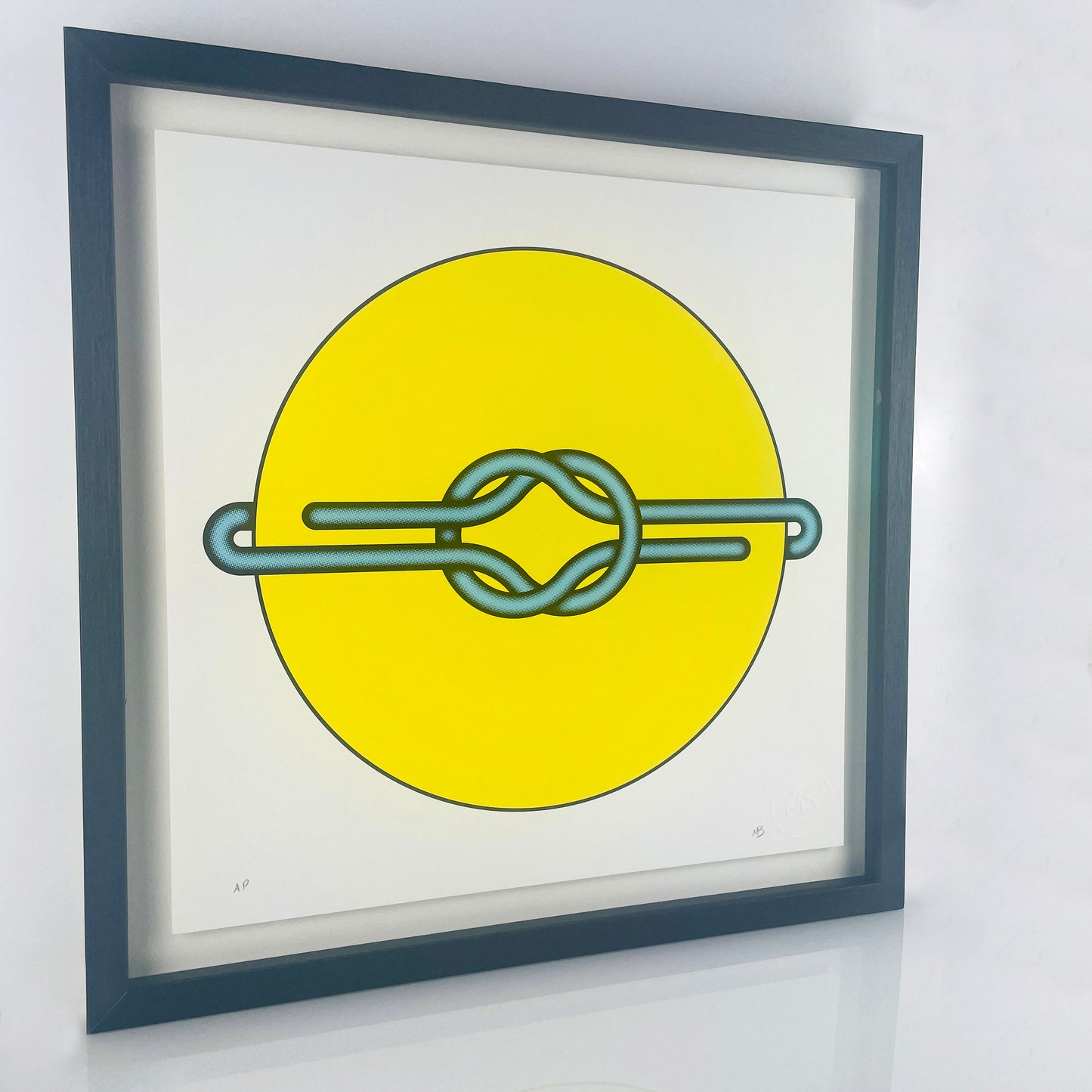 Immerse your space in the vibrant charm of Mark Beattie's Love Knot (Blue in Yellow). This limited edition 3-color screenprint on Somerset satin white 410gsm paper, measuring 40 x 40cm, is part of an exclusive edition of 10. Explore the dynamic interplay of colors and forms, where artistic precision meets limited edition exclusivity