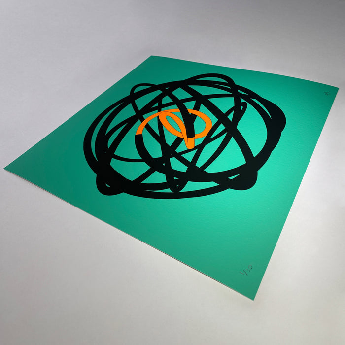 dd a burst of color to your art collection with Mark Beattie's Neon Globe (Orange and Green). This limited edition Giclée print on 310gsm Hahnemühle German Etching paper, measuring 30 x 30 cm, is part of an exclusive edition of 30. Elevate your space with the captivating interplay of colors and forms, where artistic precision meets limited edition exclusivity.