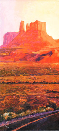 An impressionistic landscape painting of Monument Valley at sunset, featuring towering red rock buttes under a pale yellow sky, with a winding road in the foreground.
