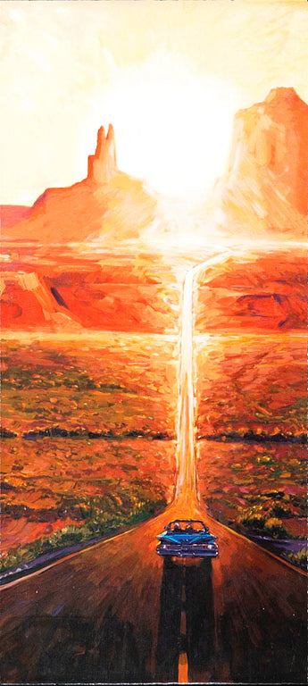 A vertical landscape painting depicting a blue car driving down a road toward a bright sun over desert rock formations, with a waterfall-like light column in the center.