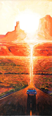 A vertical landscape painting depicting a blue car driving down a road toward a bright sun over desert rock formations, with a waterfall-like light column in the center.