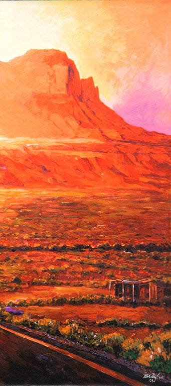 A colorful landscape painting of a desert mesa and valley, rendered in warm orange, red, yellow, and purple tones, with a small structure near the bottom right.
