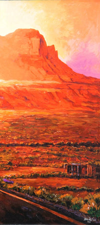 A colorful landscape painting of a desert mesa and valley, rendered in warm orange, red, yellow, and purple tones, with a small structure near the bottom right.