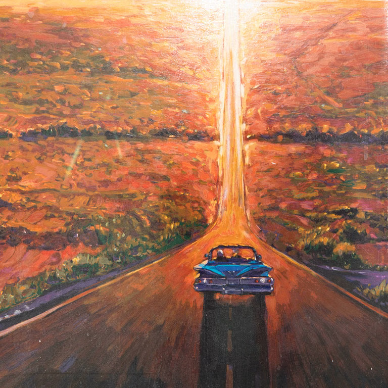 An impressionistic painting of a blue convertible driving down a long road toward a bright sunburst over an orange and brown landscape.