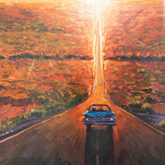 An impressionistic painting of a blue convertible driving down a long road toward a bright sunburst over an orange and brown landscape.