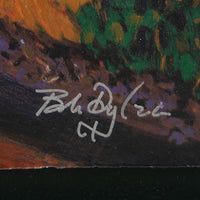 Close-up of a painted artwork showing textured brushstrokes in orange, green, black, and purple, with Bob Dylan's white handwritten signature across the centre of the artwork .