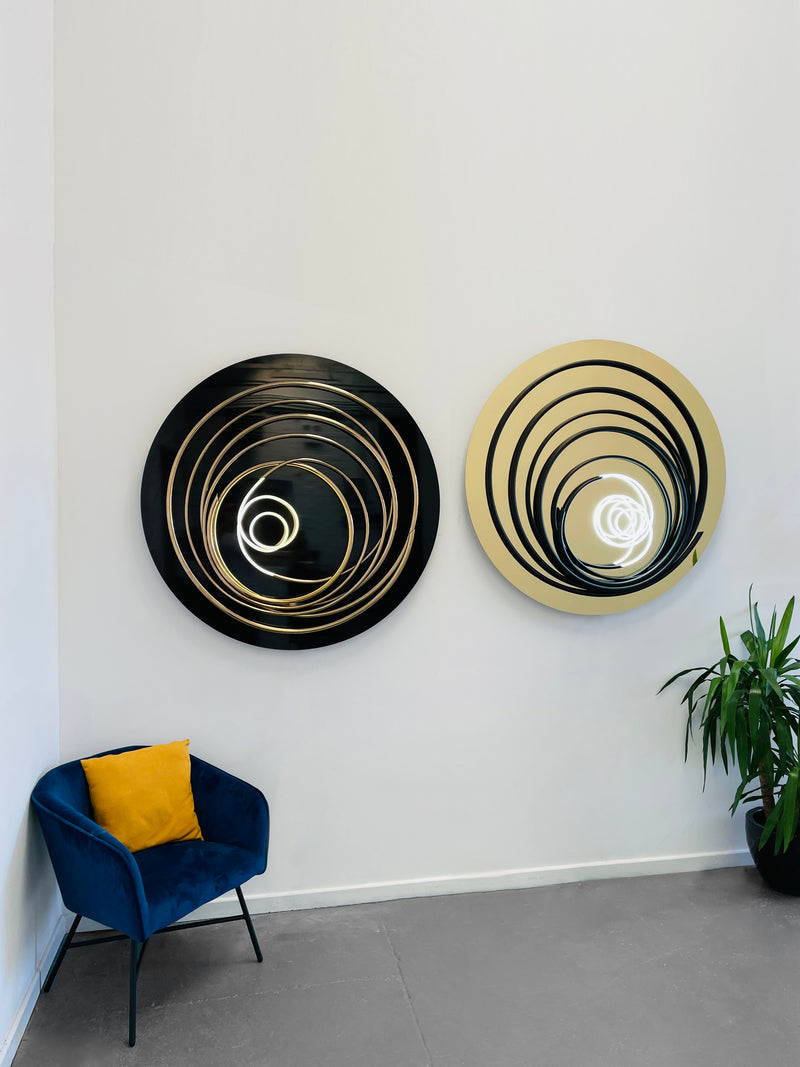 Add a touch of brilliance to your space with Mark Beattie's White Neon in Black Spiral, a unique sculpture featuring white neon and painted copper on gold mirror acrylic. This one-of-a-kind masterpiece, with a diameter of 120cm, creates a captivating interplay of light, texture, and contemporary design. Illuminate your surroundings with the artistic brilliance of White Neon in Black Spiral, a unique addition to any collection.