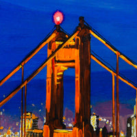 An impressionistic painting of a suspension bridge at night under a deep blue sky, with glowing orange-brown bridge towers and cables and a bright red light at the top.