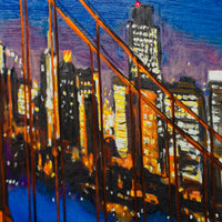 An impressionistic painting of a city skyline at dusk viewed from a bridge, with orange-brown suspension cables in the foreground, glowing yellow and white building lights, and a deep blue and purple sky.