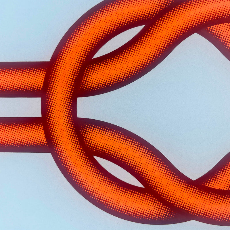 Explore the captivating artistry of Mark Beattie's Love Knot (Blue in Orange). This limited edition 3-color screenprint on Somerset satin white 410gsm paper measures 40 x 40cm and is part of an exclusive edition of 10. Immerse your space in the dynamic interplay of colors and forms, where artistic precision meets limited edition exclusivity