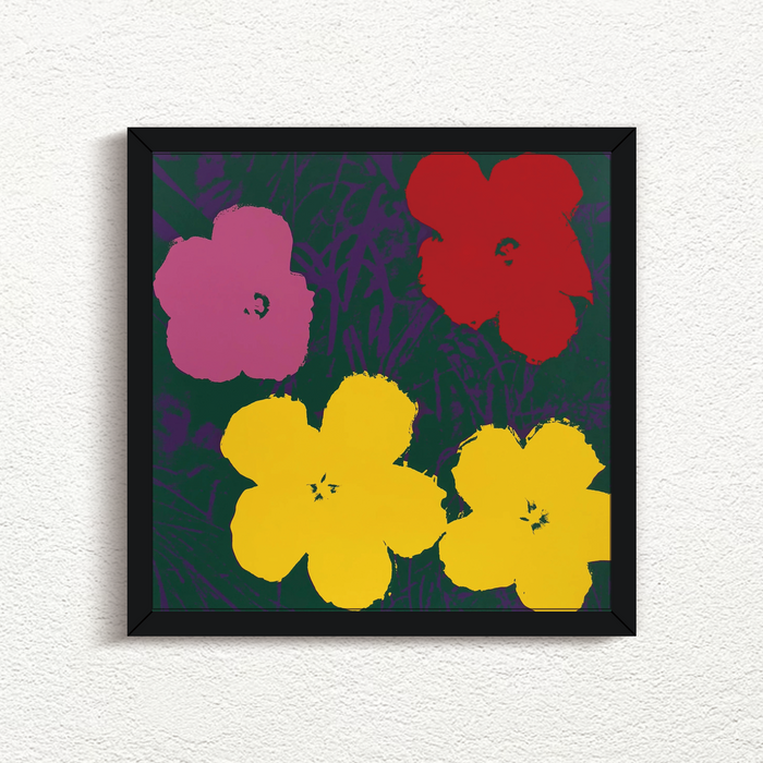 an image of an andy warhol artwork titled 'flowers 11:65' in a black frame, issued by sunday b morning. the artwork features four flowers on a dark green and purple background. the flowers are pink, red, and yellow. this is a sunday b morning print