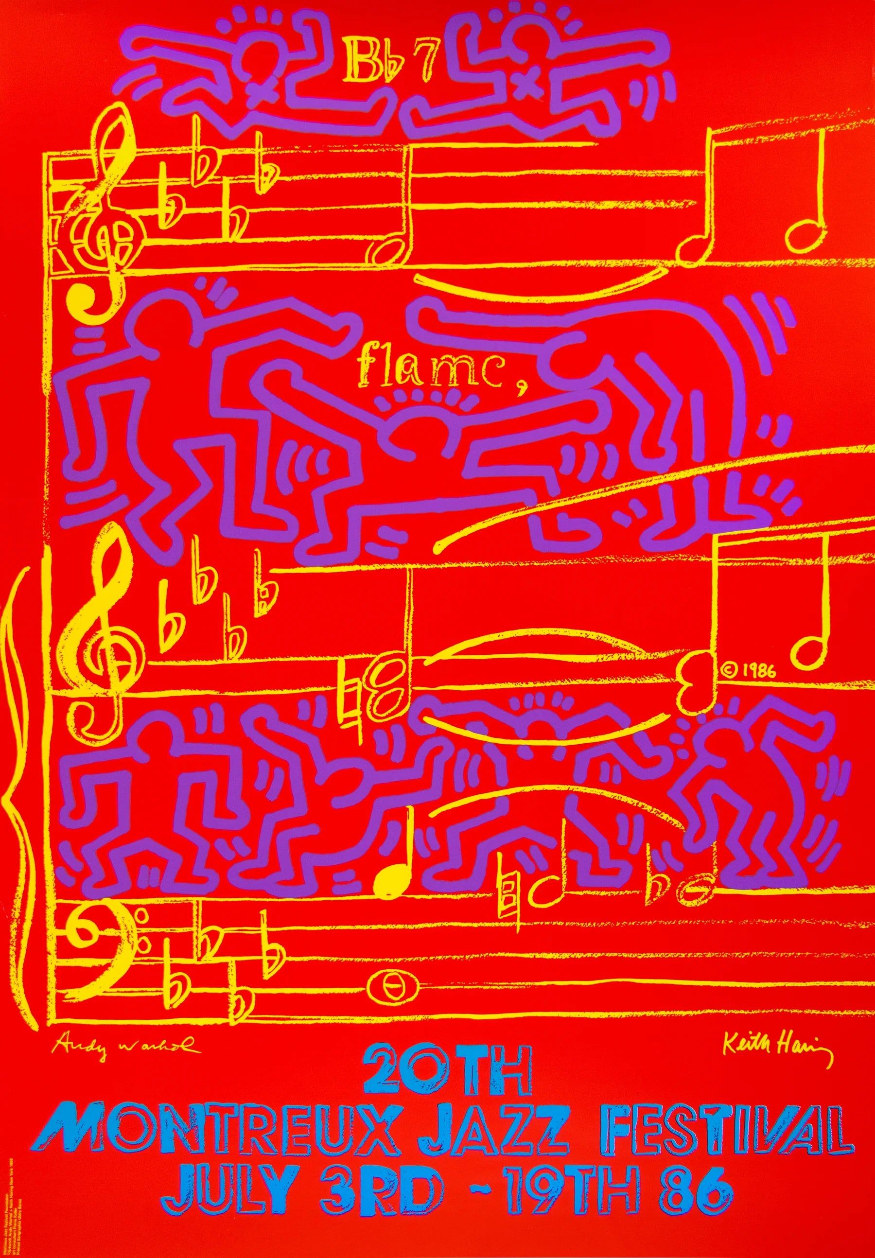 Andy Warhol & Keith Haring collaboration print with Keith Harings iconic style in the form of a violet silhoutte on a red bacground containing yellow musical notes which was Andy Warhols contribution for the print