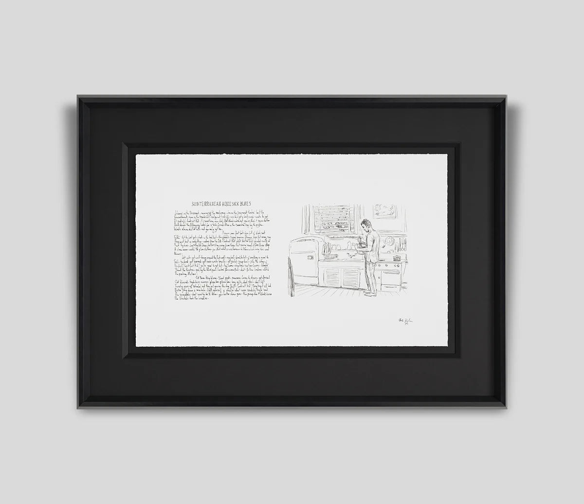 A framed black and white art print featuring a short story on the left and a pencil sketch on the right, presented in a black frame against a light grey background from the world-famous musician and artist Bob Dylan