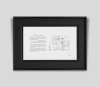 A framed black and white art print featuring a short story on the left and a pencil sketch on the right, presented in a black frame against a light grey background from the world-famous musician and artist Bob Dylan