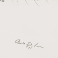 A close-up of a white surface with a faint gray pencil signature and a few partial sketch lines near the top edge from the artist Bob Dylan 