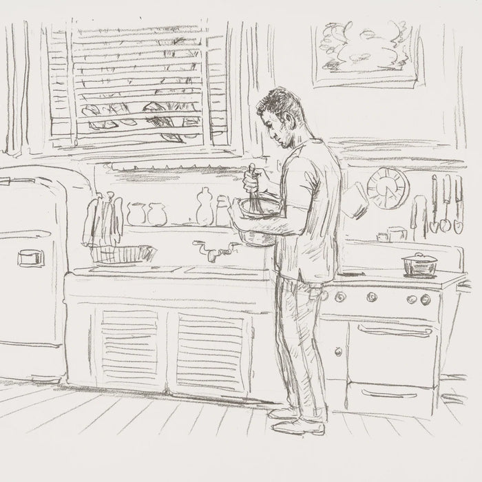 A monochrome pencil-style sketch of a man standing in a kitchen and holding a bowl, with kitchen cabinets, stove, utensils, and window details drawn around him. Sill life scene by the artist Bob Dylan