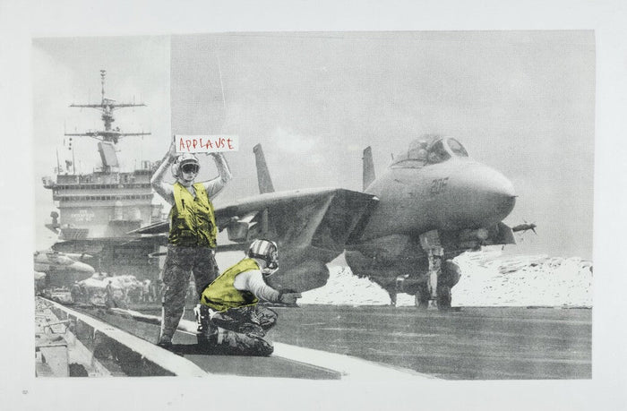 banksy Applause print for sale with a fighterjet for sale with a worker holding an applause sign