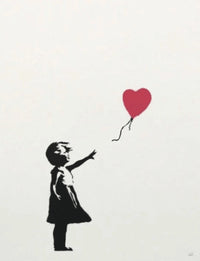 This image by Banksy titled Girl With Balloon which is for sale contains a girl loosing her red heart shaped balloon which is for sale at Smolensky Gallery 