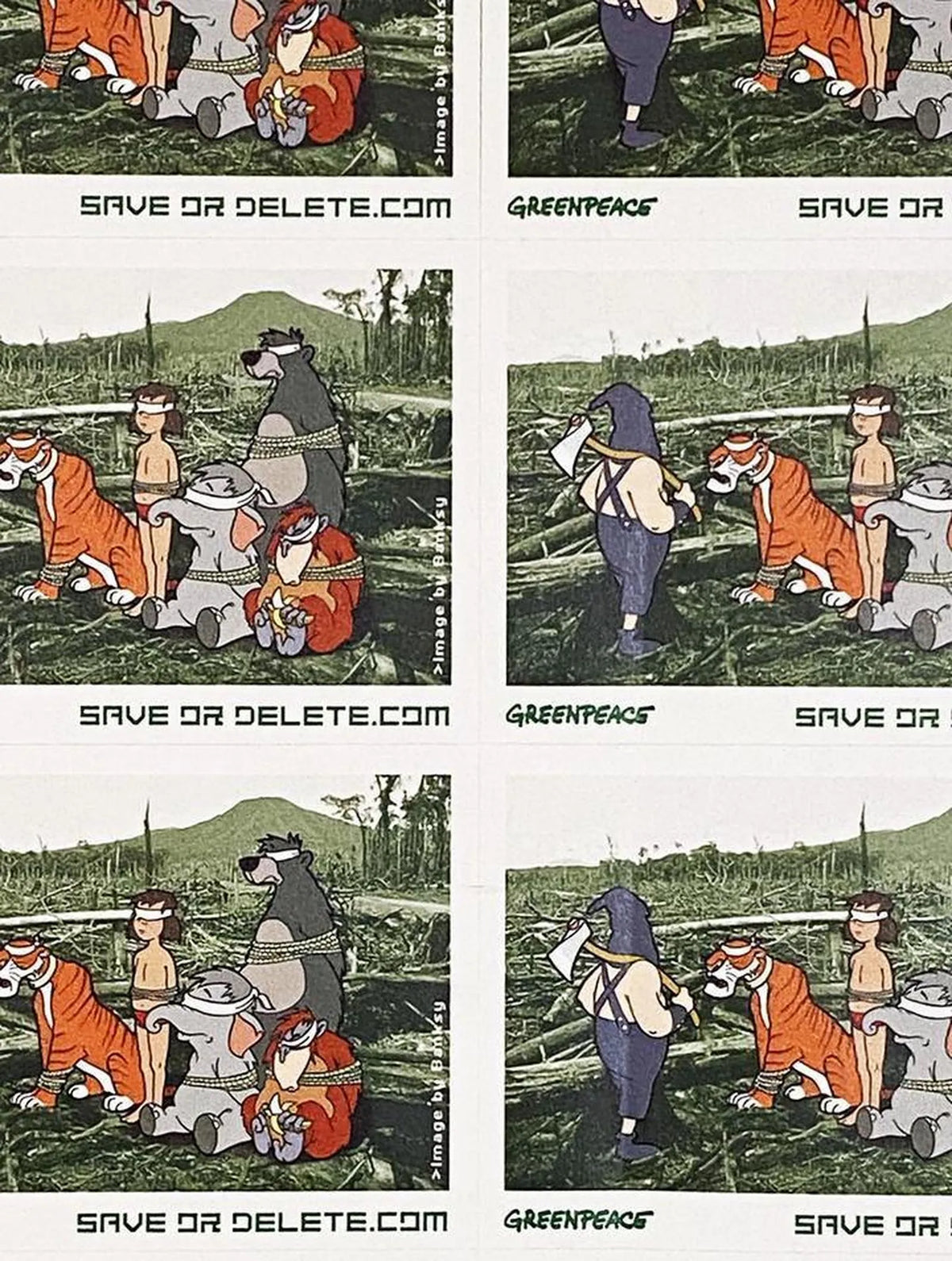 Buy Banksy, Banksy prints for sale, Banksy prints online. Image is of a sticker featuring cartoon animals blindfolded in the midst of a devastated forest. Underneath the image is the Greenpeace logo and the website address 'Saveordelete.com'