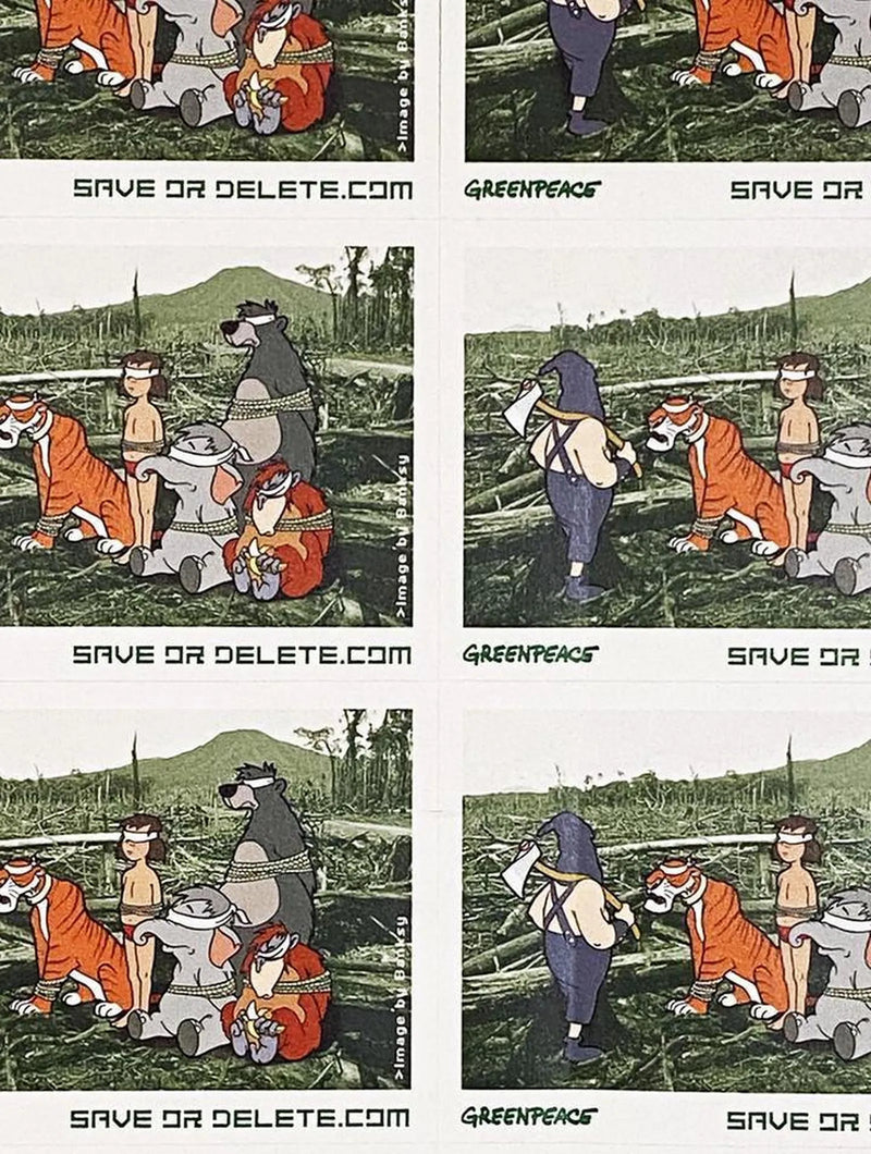 Buy Banksy, Banksy prints for sale, Banksy prints online. Image is of a sticker featuring cartoon animals blindfolded in the midst of a devastated forest. Underneath the image is the Greenpeace logo and the website address 'Saveordelete.com'