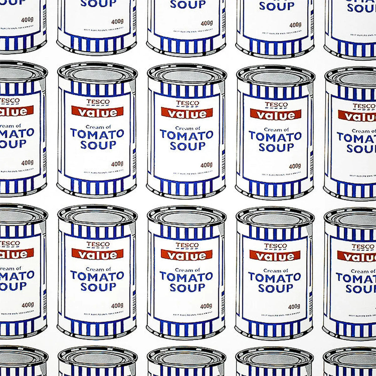 a zoomed in image of an artwork by banksy titled 'soup cans'. the artwork features a repeated image of a tesco value tomato soup tin, which is repeated 25 times on the print in a grid layout. the cans are in a simplified, pop art screenprint style, in order to reference andy warhol. this is a banksy poster, Banksy Soup Cans Poster