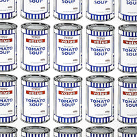a zoomed in image of an artwork by banksy titled 'soup cans'. the artwork features a repeated image of a tesco value tomato soup tin, which is repeated 25 times on the print in a grid layout. the cans are in a simplified, pop art screenprint style, in order to reference andy warhol. this is a banksy poster, Banksy Soup Cans Poster