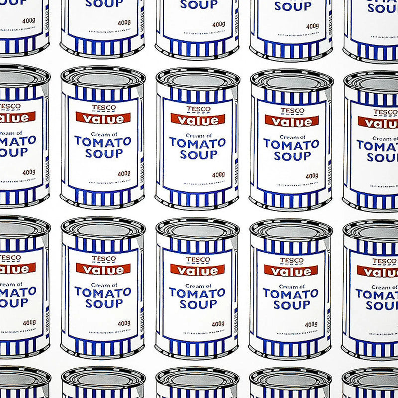 a zoomed in image of an artwork by banksy titled 'soup cans'. the artwork features a repeated image of a tesco value tomato soup tin, which is repeated 25 times on the print in a grid layout. the cans are in a simplified, pop art screenprint style, in order to reference andy warhol. this is a banksy poster, Banksy Soup Cans Poster