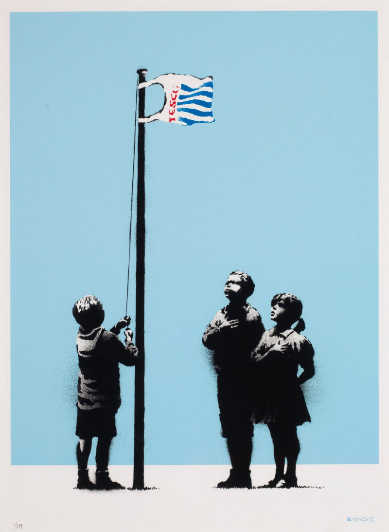 Banksy print on a blue background depicting three children looking up to a tescos flag saluting