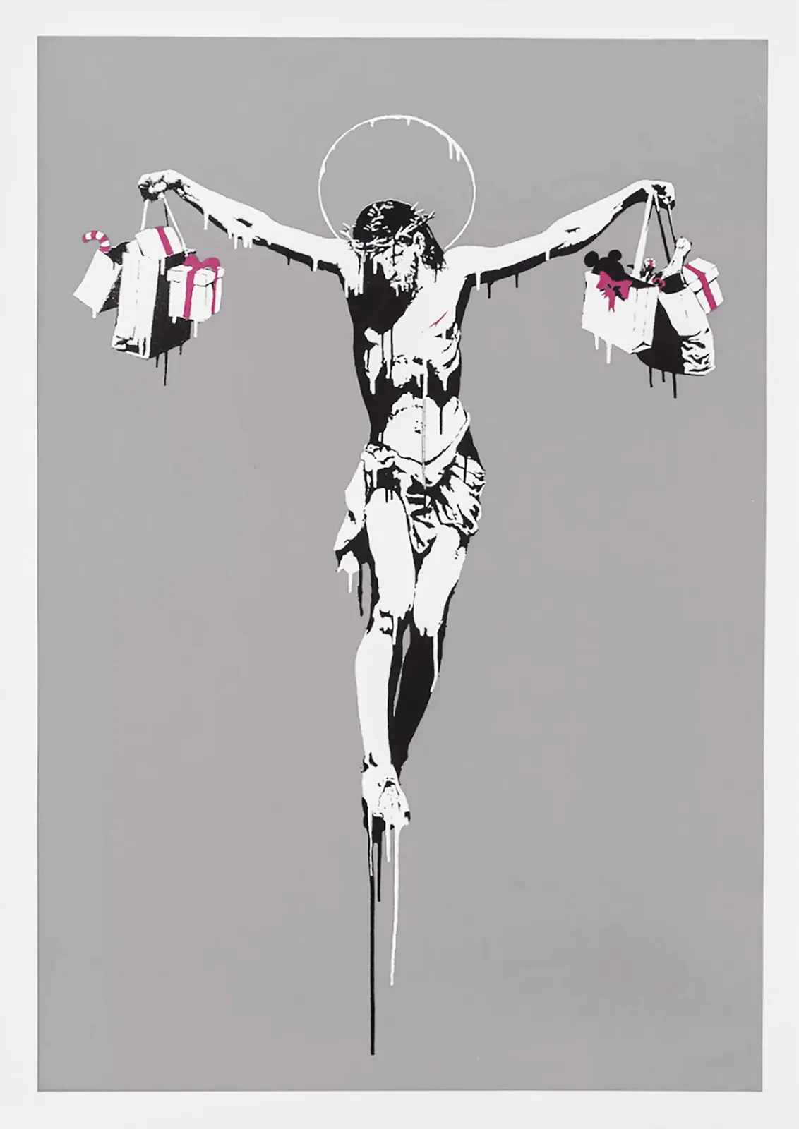 A stylized pop-art print of Jesus Christ carrying gift bags, rendered in black and white with small pink gift bows, on a solid gray background.