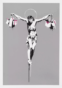 A stylized pop-art print of Jesus Christ carrying gift bags, rendered in black and white with small pink gift bows, on a solid gray background.