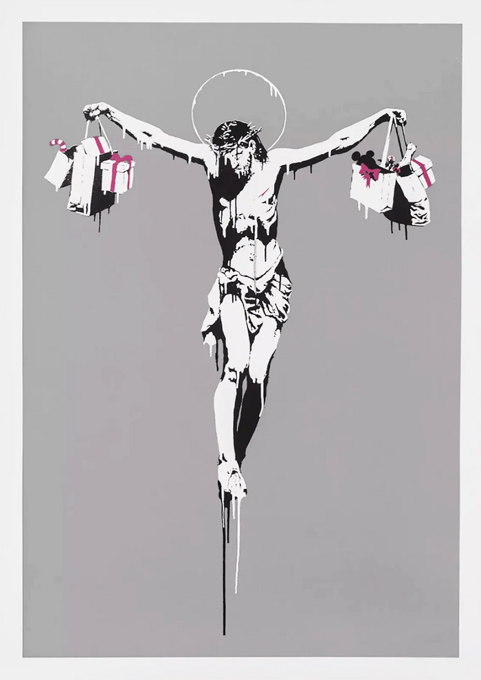 A stylized pop-art print of Jesus Christ carrying gift bags, rendered in black and white with small pink gift bows, on a solid gray background.