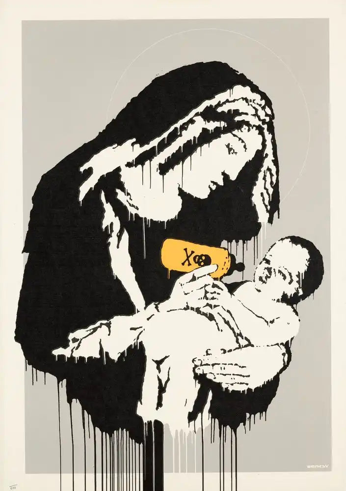 A high-contrast black and white graphic art print depicting a mother holding a baby, with a yellow bottle containing a skull and crossbones symbol. The artwork features a dripping paint effect and is presented on a light gray background.